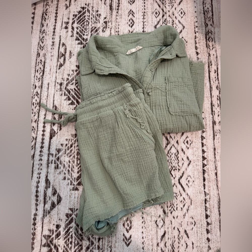 Green Button-Up Shirt and Shorts Set